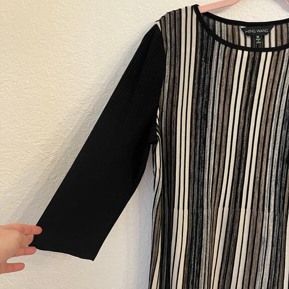 Ming Wang Contrast Pleated Stripe Knit Tunic Medium Large Black Sweater Office - Picture 3 of 9